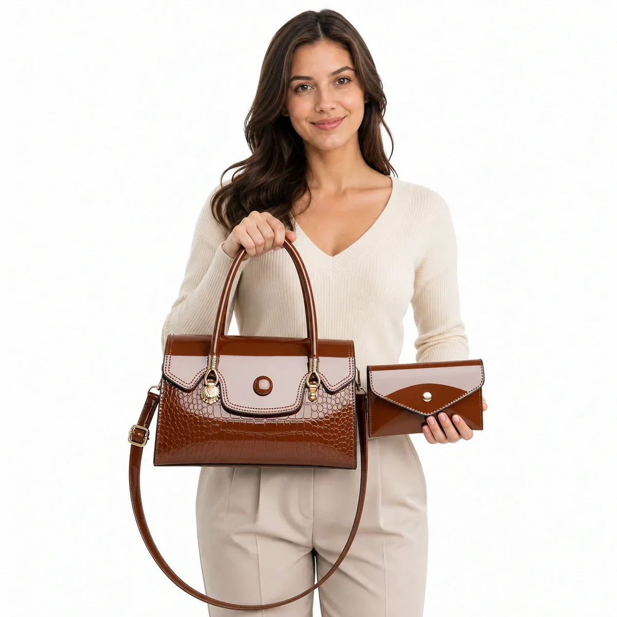 Crocodile Pattern Leather Crossbody Bag & Wallet Set - KIRA