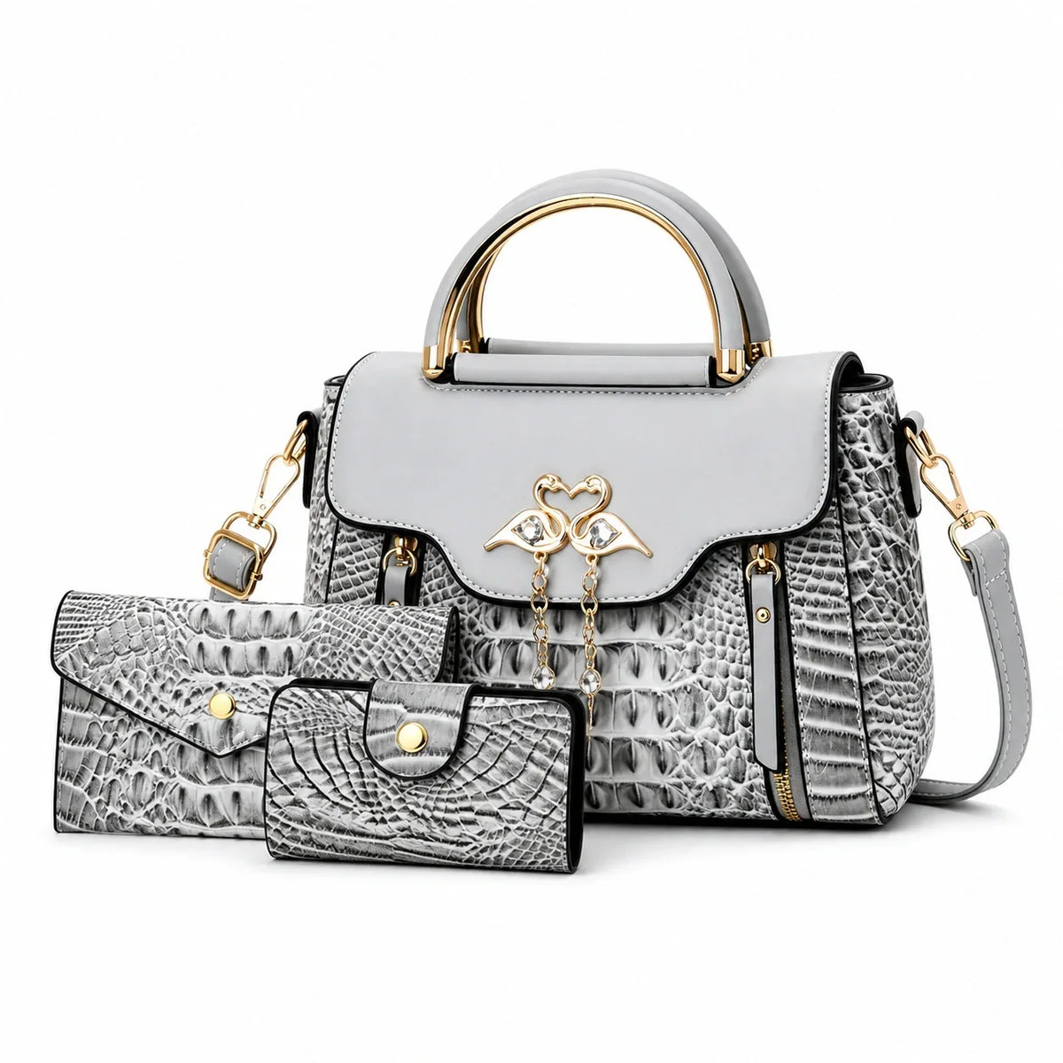 Crocodile Embossed Leather Handbag Set - Vexo
